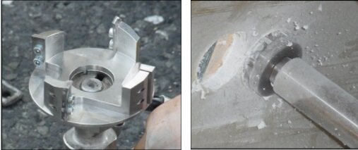 GFRP製下水道更生管穿孔用工具と穿孔作業の様子