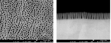 ポーラス型陽極酸化皮膜のSEM像（左：表面、右：断面）の画像
